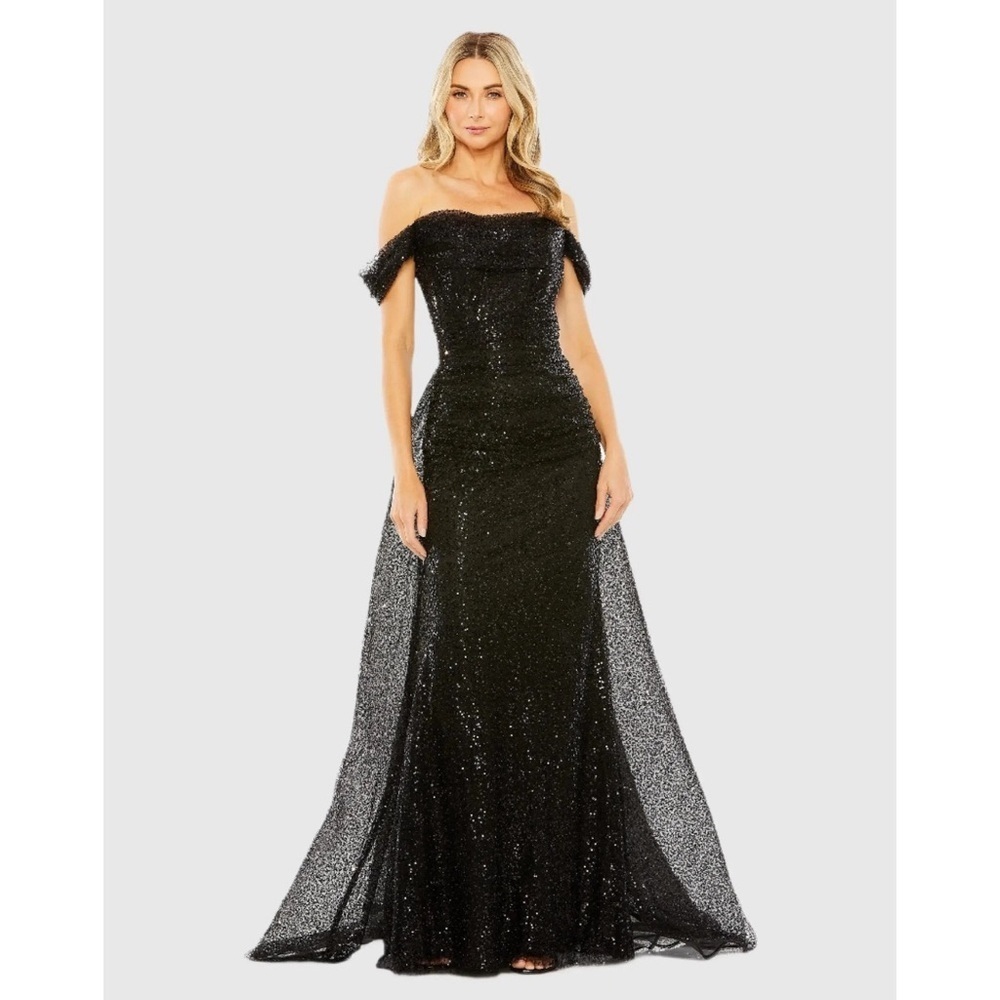 Mac Duggal 20515 Black Off the Shoulder Sequin Panel Train Gown Size 4 NWT